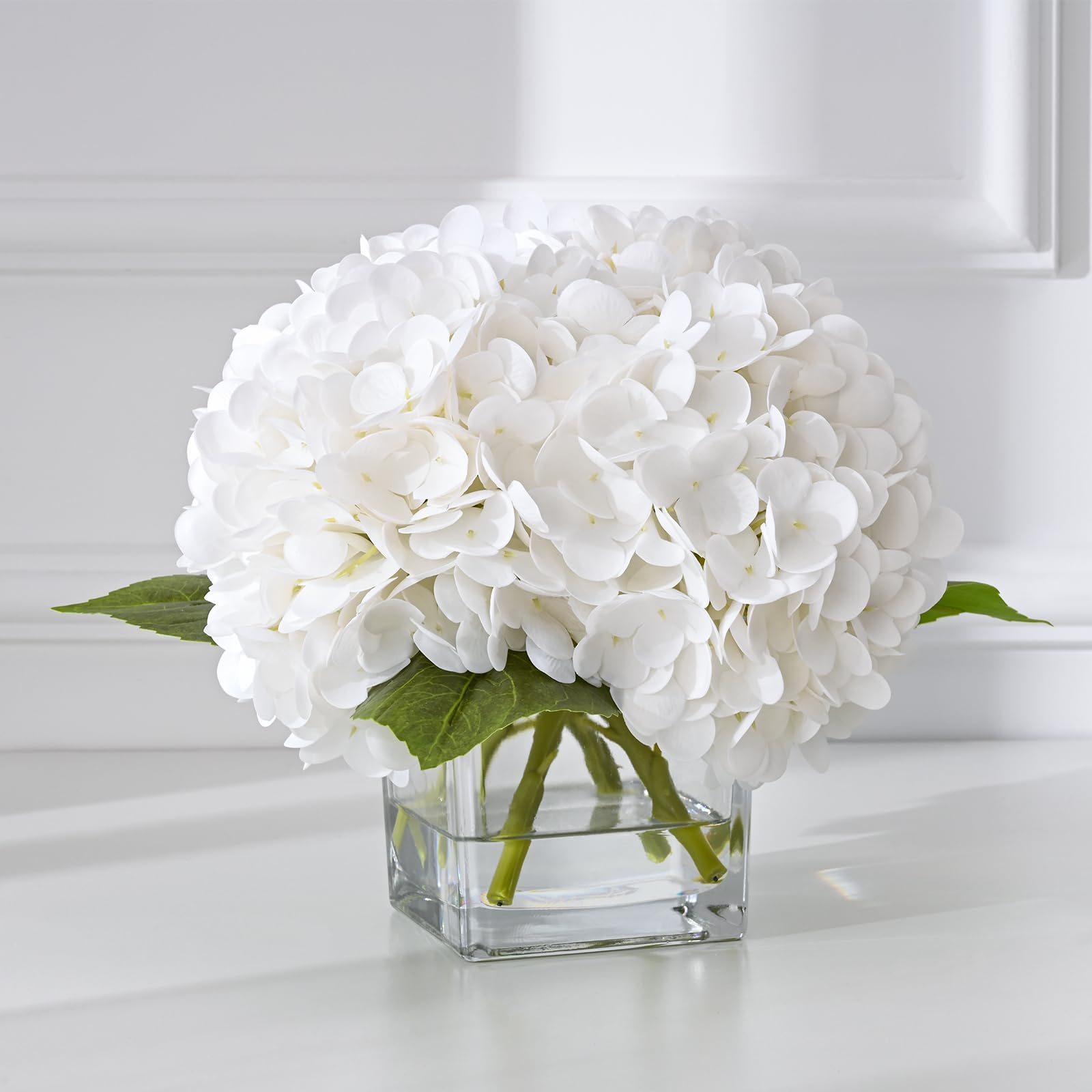 Photo 1 of BLEUM CADE Luxury PU Fake Flowers in Vase with Faux Water, White Real Touch Hydrangea Artificial Flowers with Glass Vase for Office Home Dining Room Centerpiece Table Decorations