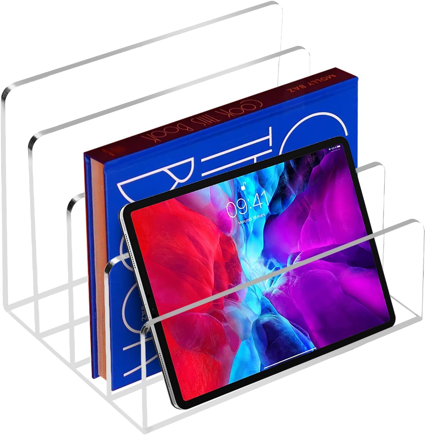 Desk Organizer, Acrylic File Sorter, 4 Section Clear Desktop Holder for Office Mail, Letters, Electronics, Makeup Palletes, Art Supplies, Wristlets (9 x 7 x 7 Inch)