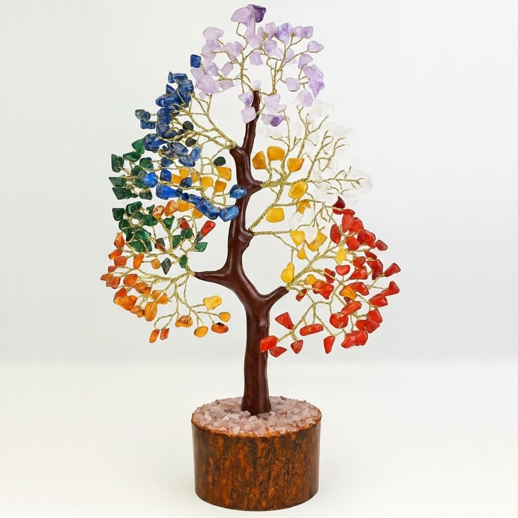 Árbol 7 Chakras de Piedras Semi-Preciosas - 27cm Alto y 300 Piedras - Árbol Energético Feng Shui – Bonsái de Armonía y Decoración – Amatista, Cuarzo, Citrino, Aventurina y Más