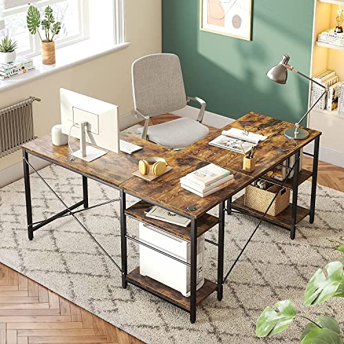 Bestier L Shaped Desk, 95.2 Inch Reversible Corner Computer Desk with Shelves, 2 Person Long Table for Home Office, Large Writing Storage Workstation with 3 Cable Holes, Rustic Brown Bestier L Shaped Desk, 95.2 Inch Reversible Corner Computer Desk with Shelves, 2 Person Long Table for Home Office, Large Writing Storage Workstation with 3 Cable Holes, Rustic Brown