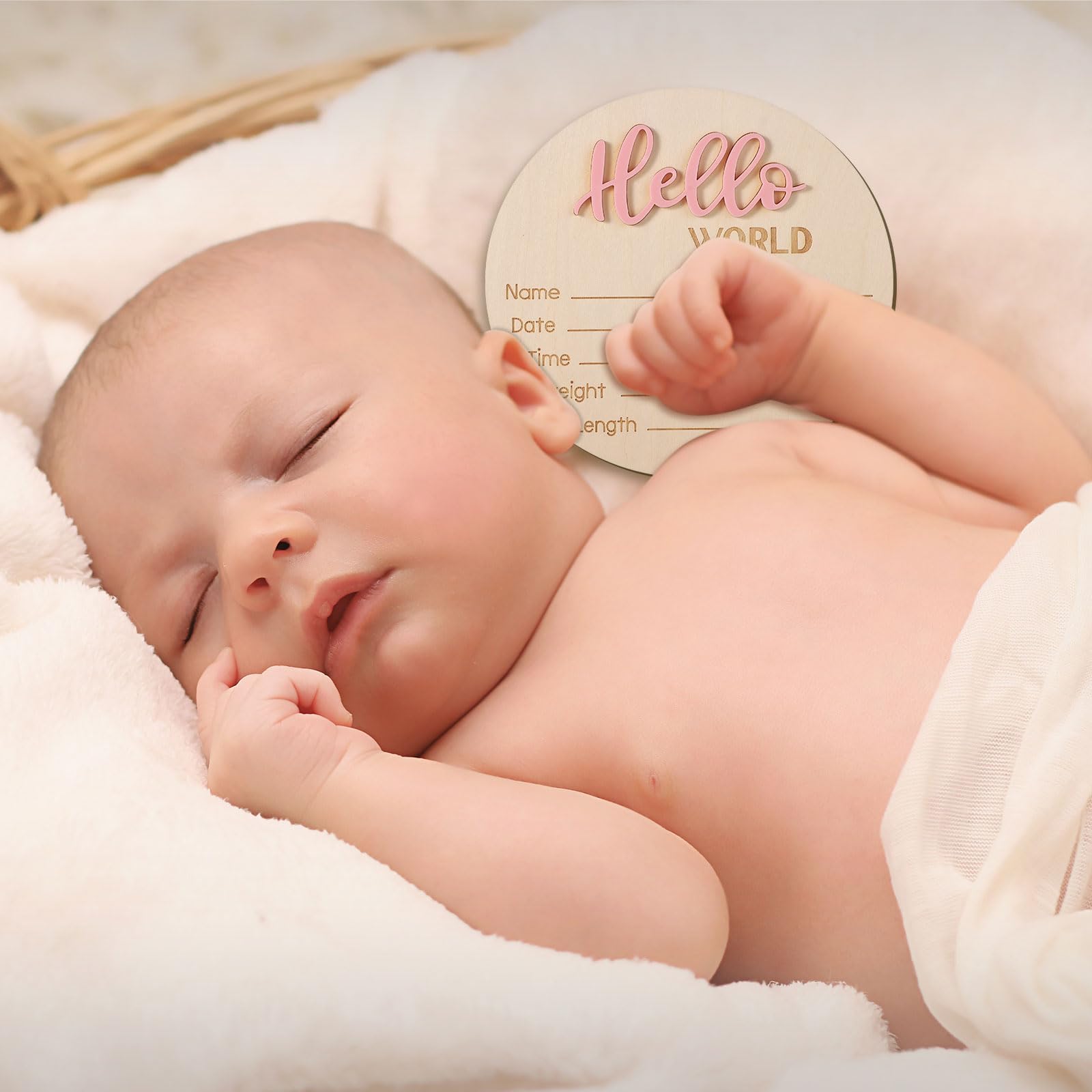 Cartello Annuncio Bambino in Legno 15cm Hello World Carte Milestone Neonato Rosa Chiaro