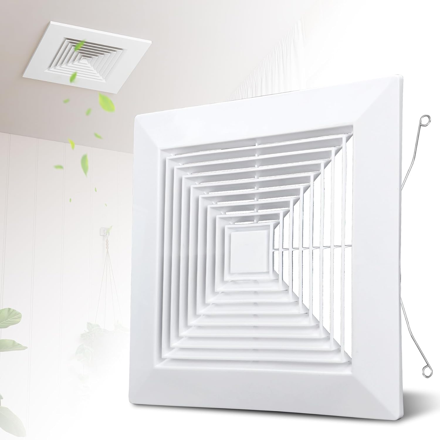Bathroom Exhaust Fan Cover with Spring, 12" x 12" Plastic Ceiling Fan Grille Cover, Replacement Grille for Square Ceiling or Wall Mounted Exhaust Fans, Air Diverter, Ceiling Air Diffuser
