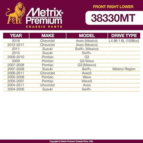 Miniatura 2 de Metrix Premium RK620165 - Brazo de control inferior y rótula para Chevrolet Aveo 04-11, Aveo5, 05-08 Pontiac Wave, 09-10 G3, 09 G3 Wave, 05-07