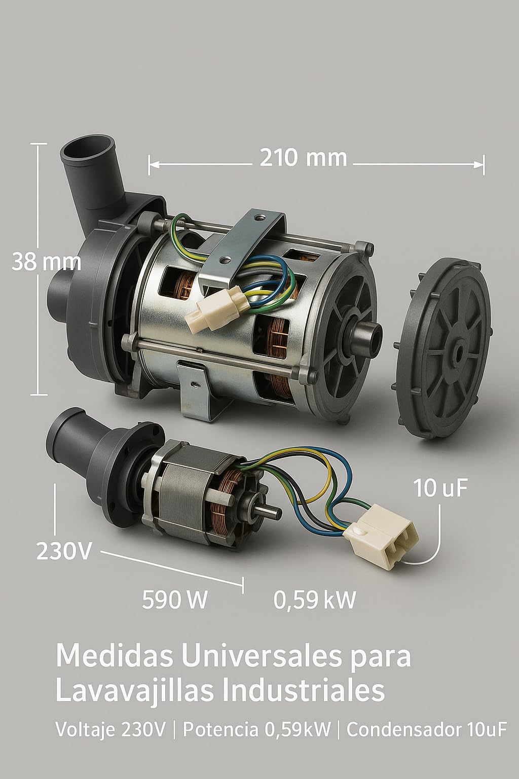 RO Linea Blanca ® Bomba Lavado Lavavajillas Industrial 220V 50Hz 590W 10uF Entrada 38mm Salida 38mm Rotacion Derecha Recambio Profesional Compatible Con Fagor Elframo Komel Azkoyen Futurmat Emmepi