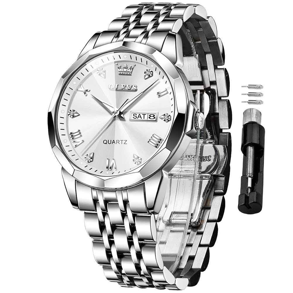 Original Men's Diamond Watch Analog Quartz Stainless Steel Calendar Business Dress Watch with Luminous Waterproof Casual Wristwatch