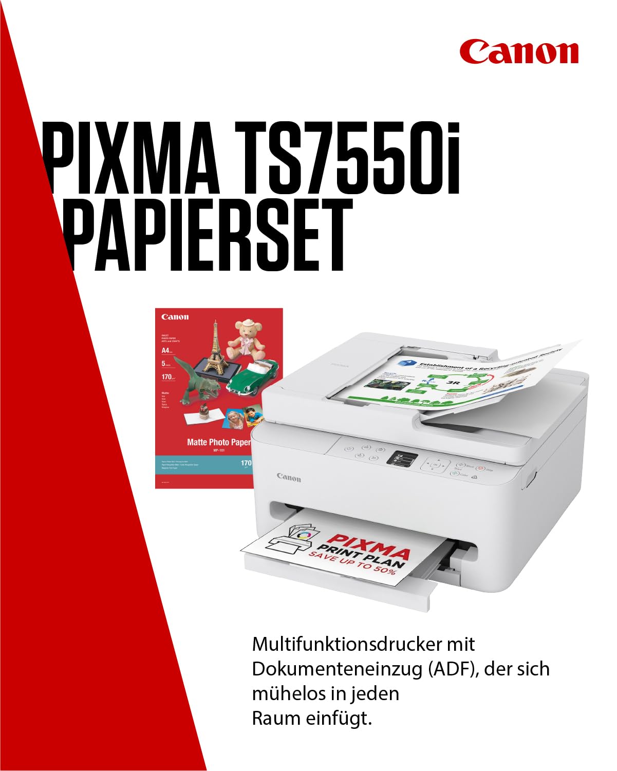 Canon PIXMA TS7550I - WLAN-Multifunktionsdrucker mit ADF, Papierkassette und Frontbedienung | Kabelloses Drucken vom Smartphone leicht gemacht - Enthält MP-101 A4-Fotopapier, 5 Blatt