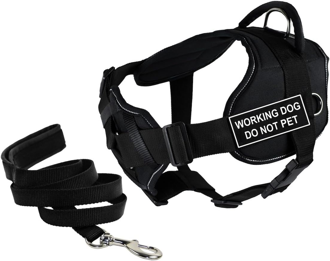 Dean & Tyler Bundle of DT Fun Harness with Chest Support, Large, Reflective Trim and 6-Feet Stainless Snap Padded Puppy Leash, Black, Working Dog Do Not Pet