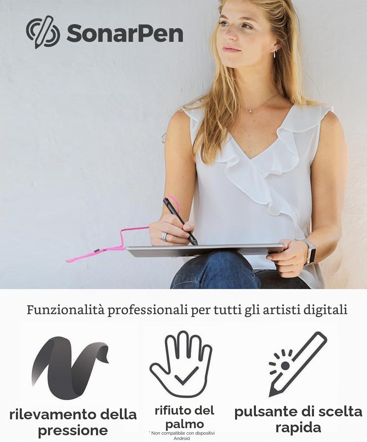 SonarPen (USB C): Penna stilo sensibile alla pressione senza batteria, compatibile con iPad/iPhone/Android/Mac/PC Windows e Switch. con pulsante di reiezione del palmo e pulsante di scelta rapida