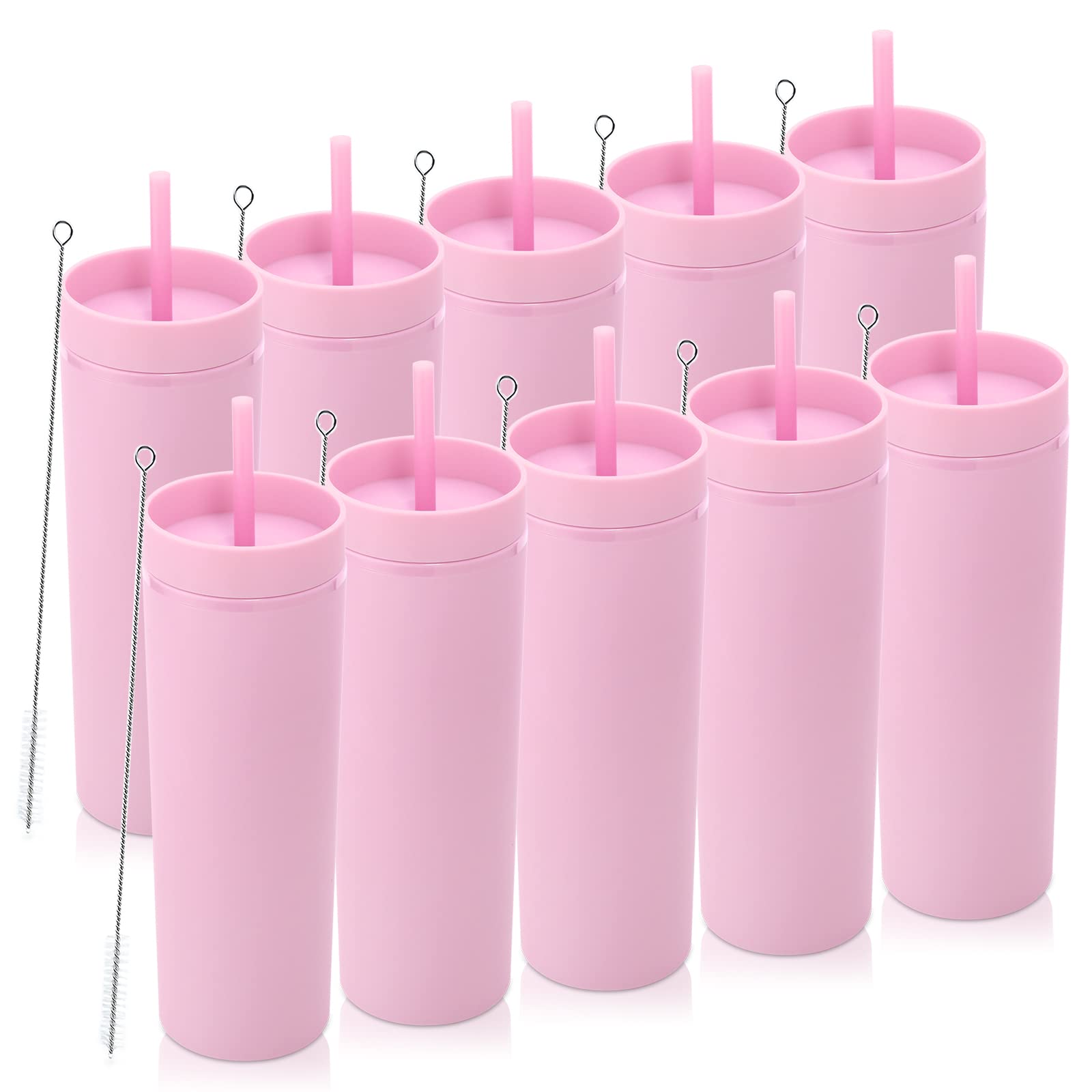 Volhoply 20oz Plastic Skinny Tumblers Bulk 10 Pack,Double Wall Tumbler with Lid and Straw,BPA Free Matte Acrylic Iced Coffee Cups for Parties(Pink, 10 Set)