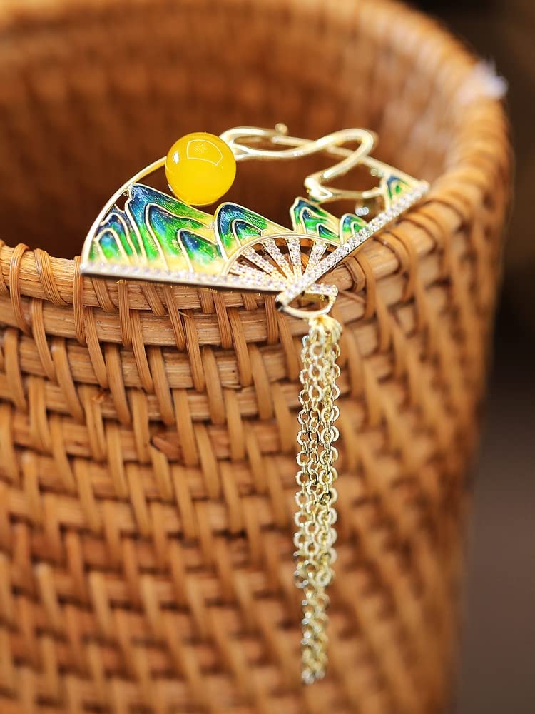 Brosche Pins für Frauen Mode Fan Form Pin grüne Emaille chinesischen Stil Brosche Brosche Schmuck mit Kette, Messing, Zirkonia