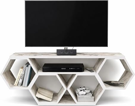 Decorotika Honeycomb 55" Modern Hexagon TV Stand - Open Shelf Wall-Mount Ready Media Console Table, Entertainment Center, Reversible Design, Sonoma & White