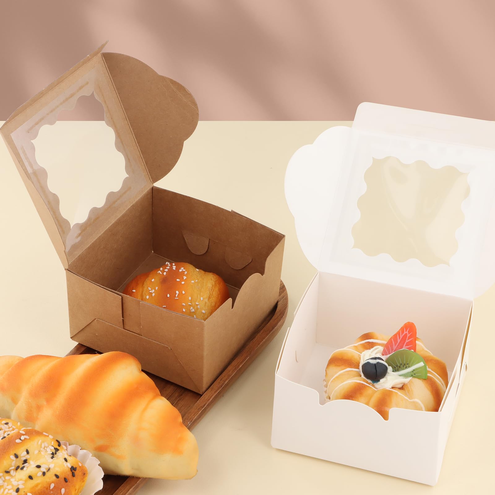 50 Scatole Per Cupcake Con Finestra - 2 Fori, Cartone Marrone, Con Nastro E Adesivi