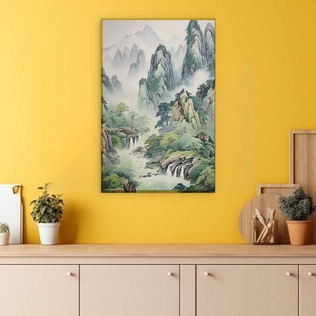Canvas for Living room. Mystic Peaks and Serene Streams: A Tapestry of Oriental Tranquility, 27 x 18 inch Canvas Wall Art - Contemporary Masterpieces - Modern Home Decor