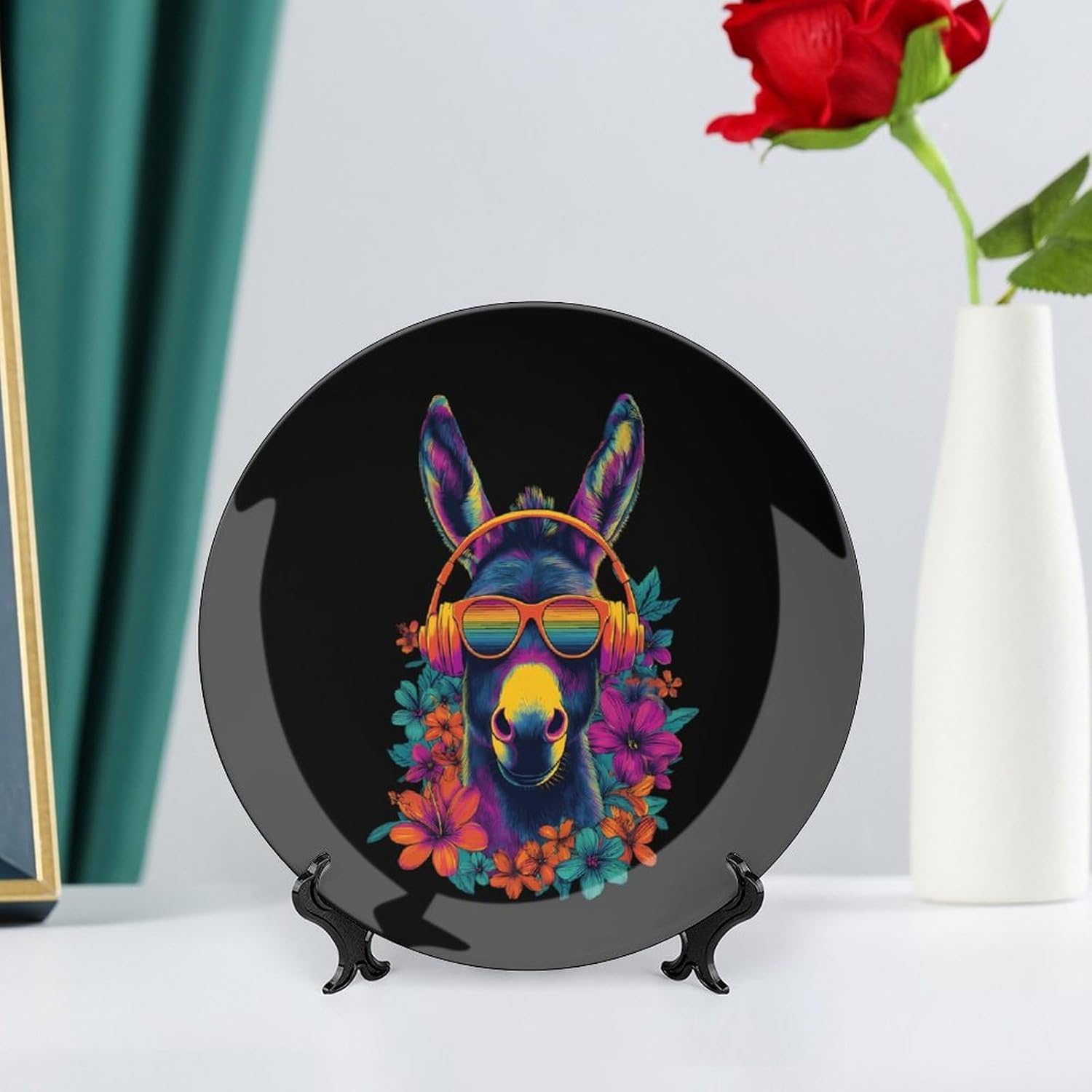 Donkey Rainbow Sunglasses Flower Decorative Plates for Display Ceramic Plate Tray with Stand Hanger Home Decor