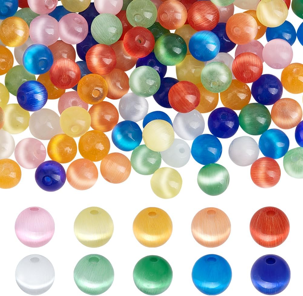 PH PandaHall 10 Colors 200pcs Cat Eye Glass Beads 6mm Round Stone Crystal Loose Smooth Spacer for Jewelry Making DIY Friendship Bracelets Necklace Earring Craft