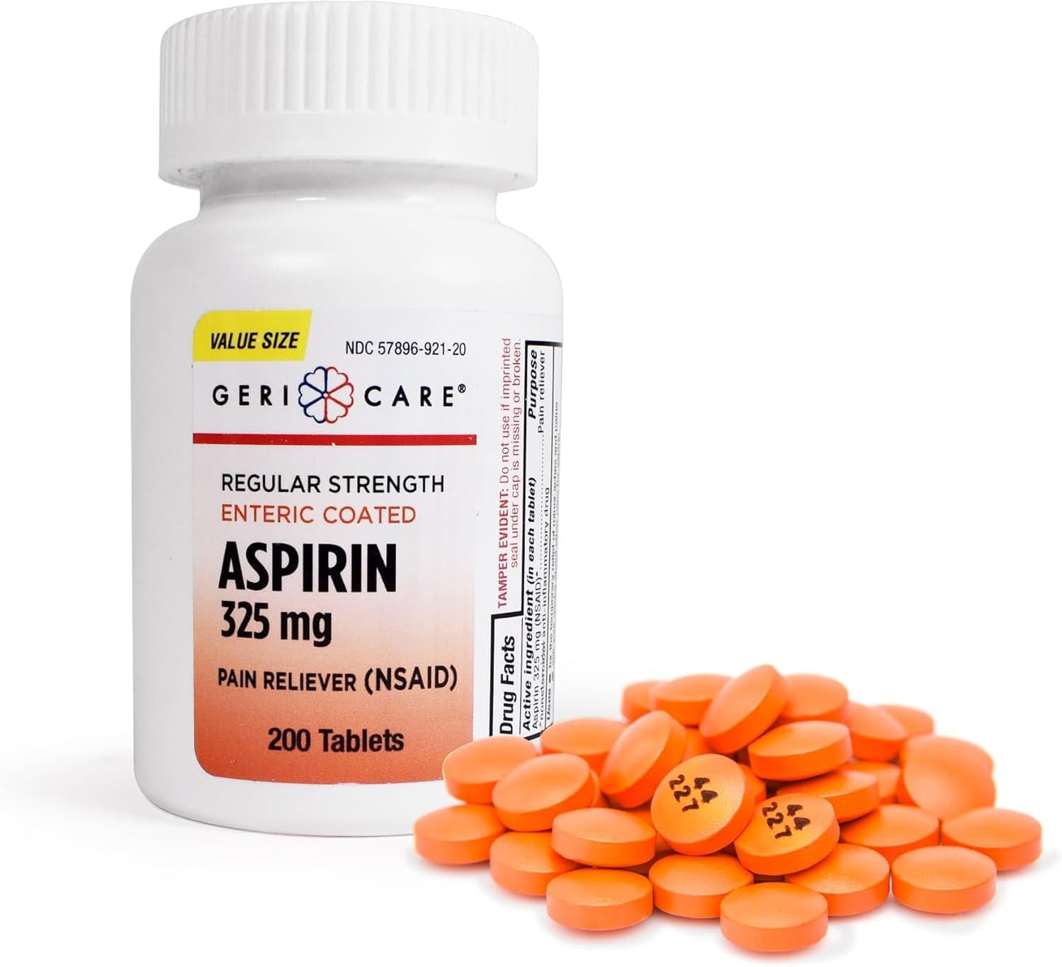 GeriCare Enteric Coated Aspirin Tablets 325mg (200 Count) NSAID Pain Reliever...