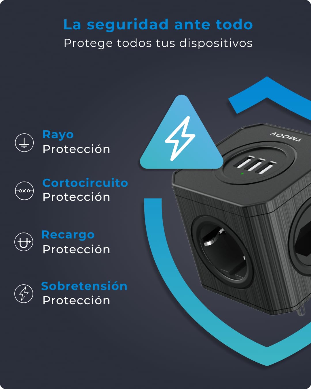 Enchufe Múltiple VOOMY Con USB-C - 2 Tomas + 1 USB-A + 1 USB-C, 4000W, Protección Contra Sobretensiones, Diseño Plano Para Ahorrar Espacio