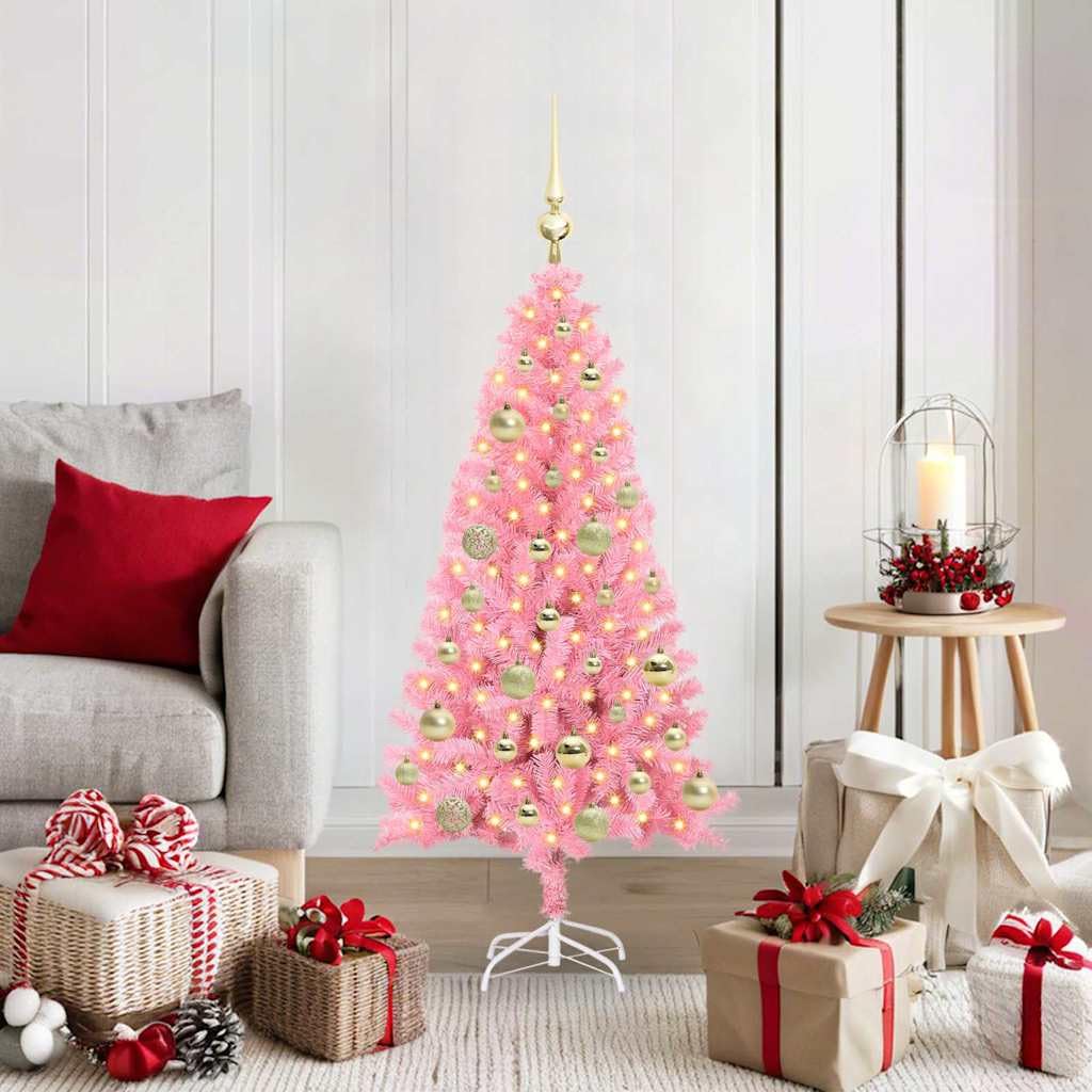 Árbol de Navidad rosa de 120 cm con 150 luces LED cálidas y soporte GeenYuu