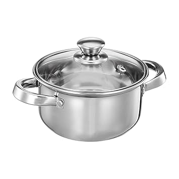 Amazon Brand - Solimo Stainless Steel Casserole with Glass Lid | Gas Stove Compatible | Dishwasher-Safe | 14 cm