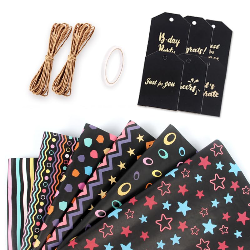 HASTHIP® 12 Sheet Gift Wrapping Paper, Wrapping Paper Rolls with Gift Tags, Jute String, Colourful Stars Stripes Gift Wraps for Birthday, Diwali, Christmas, Graduation-image-28