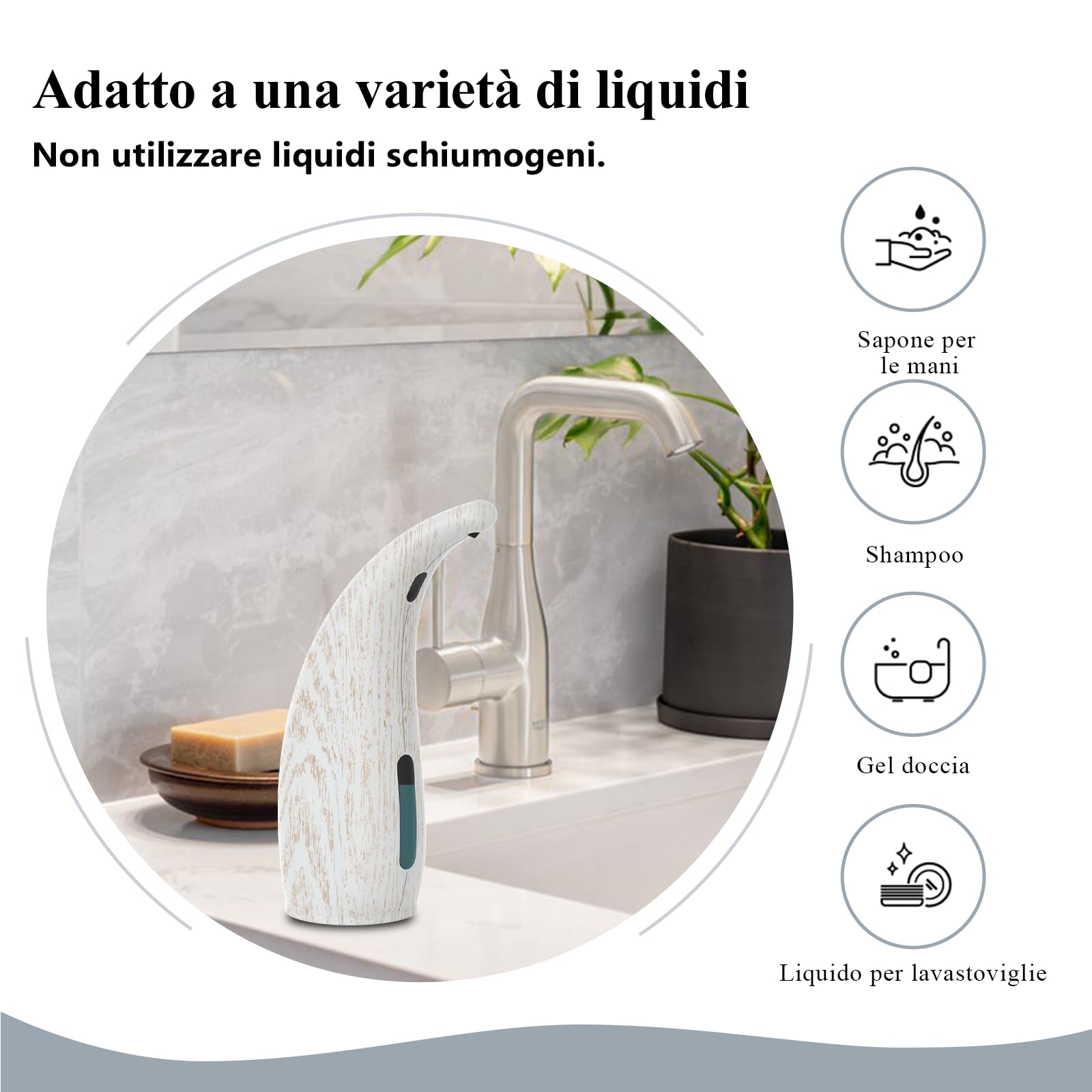 Dispensatore Automatico Sapone Senza Contatto 300ml Sensore 4 Livelli,Impermeabile IP65,alimentato a batteria,Design Cucina/Bagno, Compatibile con Liquido (400ml Grana di legno bianca)