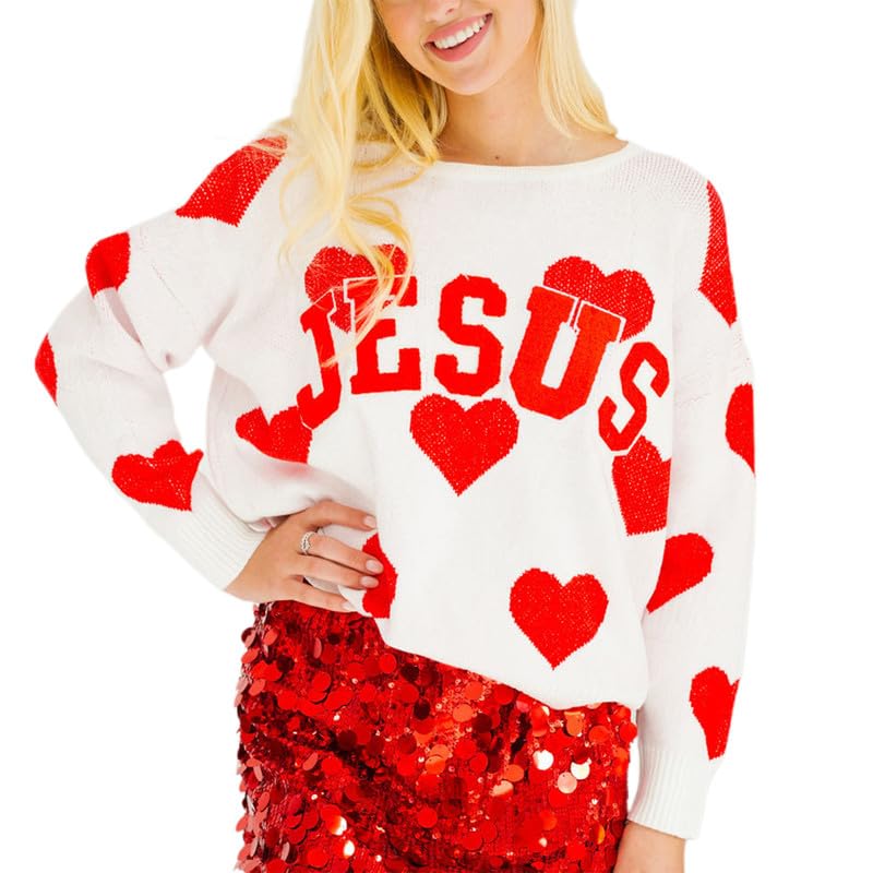 Image of Women Heart Print Knit Pullover Sweater Long Sleeve Round Neck Love Pattern Sweaters Trendy Valentine Knitted Sweater