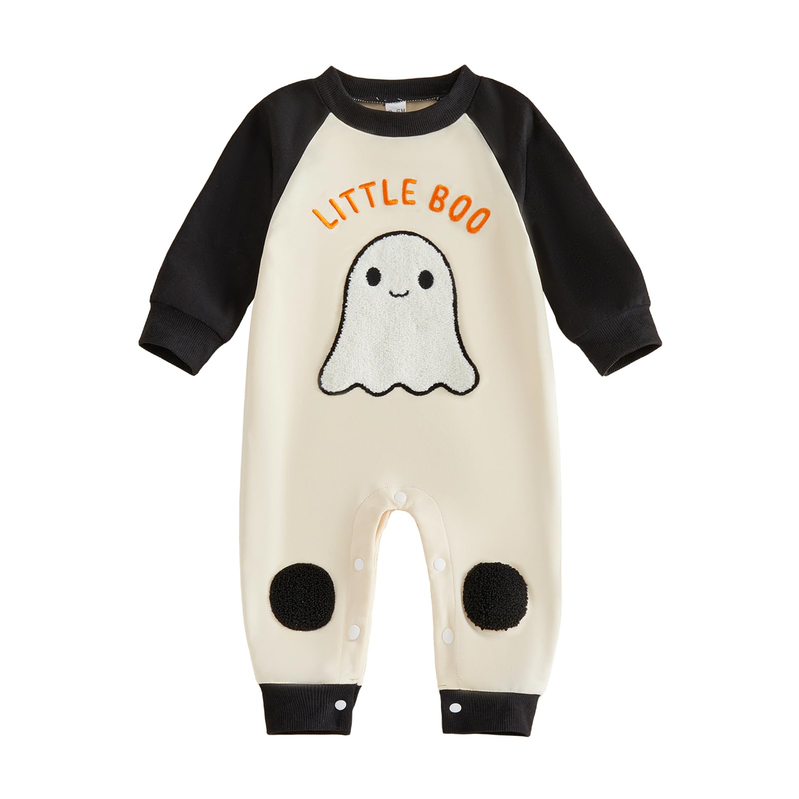 Loalirando Baby Clothes Infant Halloween Romper Long Sleeve Ghost Embroidery Letter Print Jumpsuit Newborn Boy Girl Halloween Outfit (Black, 6-12 Months)