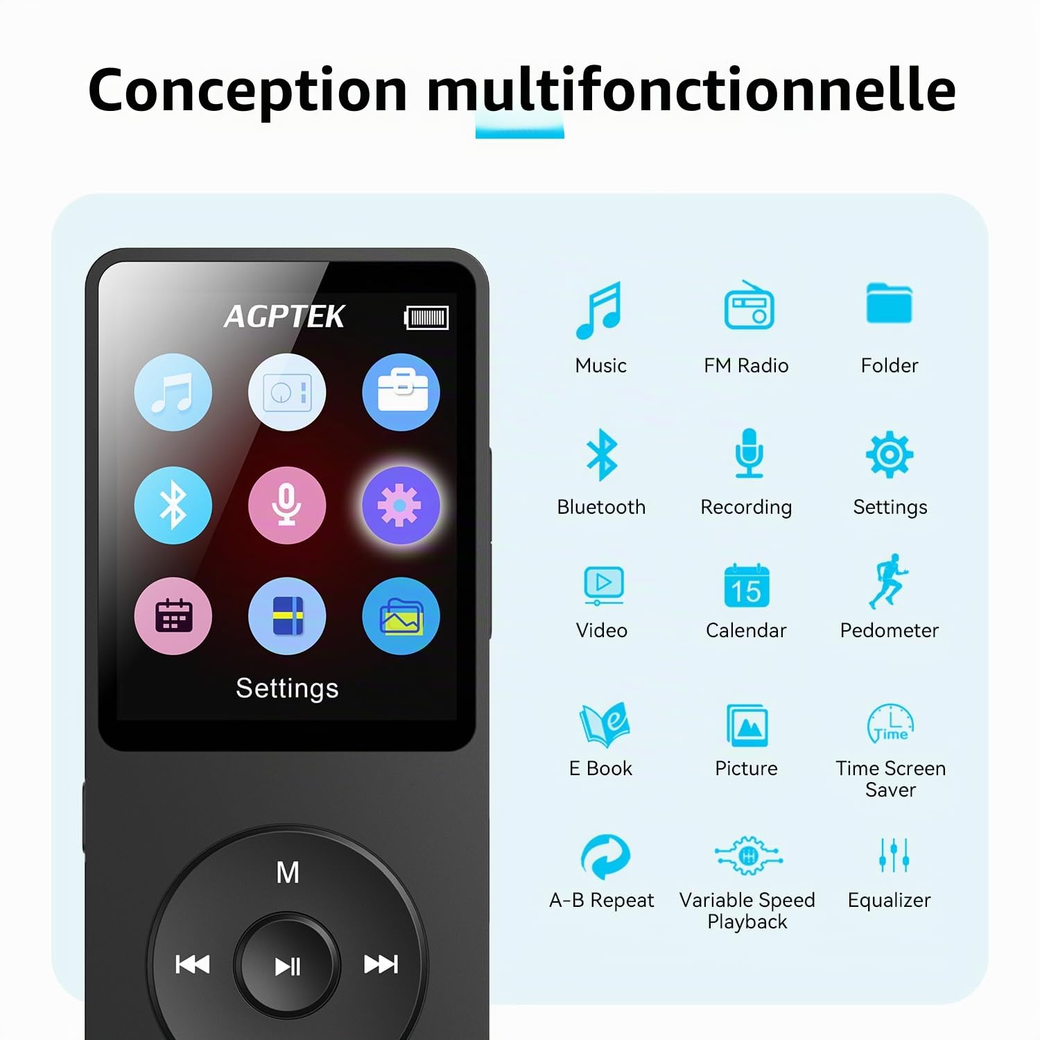 AGPTEK A02X Lecteur MP3 32 Go avec Bluetooth 5.3, écran de 1,8", Lecteur de Musique Portable avec Haut-Parleur, Radio FM, enregistreur Vocal, Prend en Charge jusqu'à 128 Go