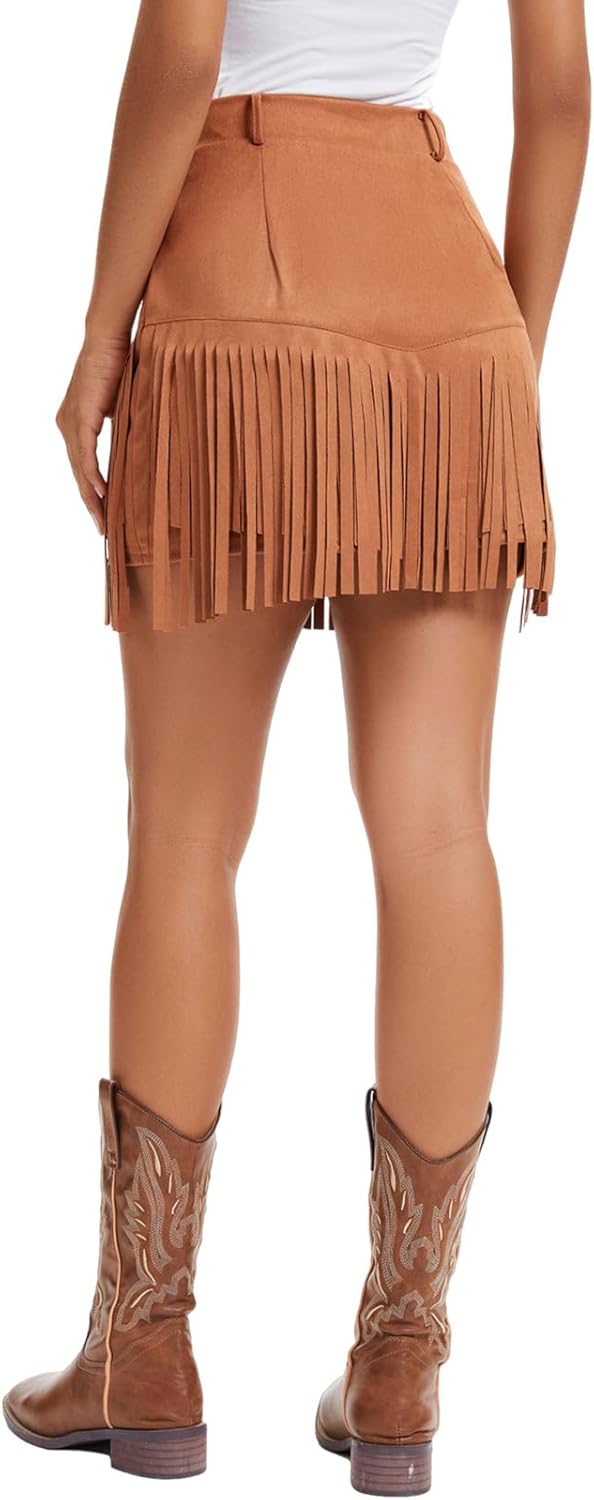 Women Western Cowgirl Fringe Skirt Terra Cotta High Waist Fringe Mini Short Skirts 60s 70s Hippie Party - Image 6