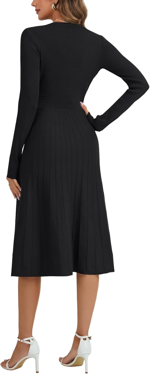 LYANER Women's Pleated Ruffle Ribbed Knit A Line Long Sleeve Elegant Midi Sweater Dress Black Small - Image 5