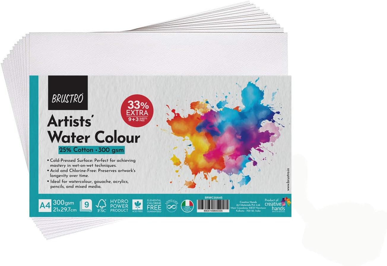 Brustro Artists Watercolour Paper, 300 GSM, A4-25% Cotton, Cold Pressed, 9 + 3 Sheets Free