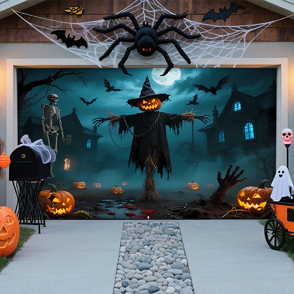 ZFFLYH Halloween Garage Door Cover Banner Decorations, Large Hanging Banner Backdrop Mural for For Outdoor Home Yard Halloween Decor Party Photo Backgrounds,Scarecrow,6.5 * 5FT