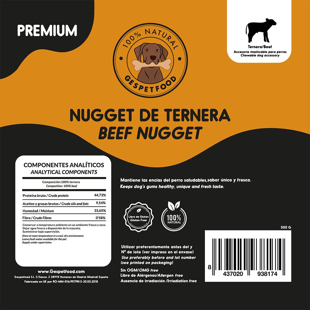Snack Disidratato per Cani - Nugget di Vitello - 2 Sacchetti da 500 g - 100% Carne di Manzo - Gusto Unico - Gengive Sane - Dolci per Cani - Prodotto in Spagna - GESPETFOOD