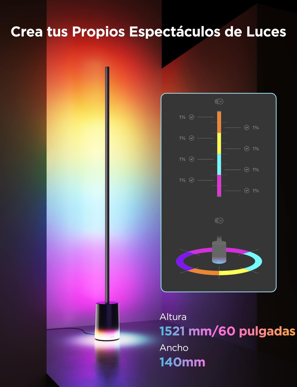 Govee RGBIC Lampara de Pie, Luces LED Compatible con Alexa y Matter, 152cm Luce Regulable 1725lm con Control Remoto y APP, Sinc Musica, 82 Modos de Escena, Lampara Salon, Dormitorio y Cama, Negro