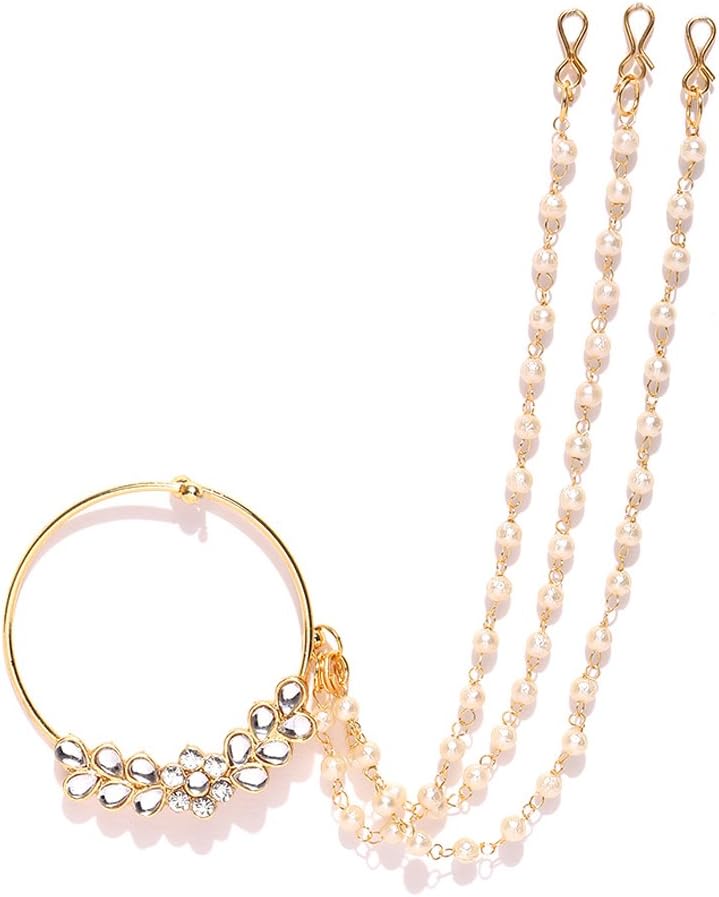 PRITA Traditional Gold Plated American Diamond Nose Ring/Nath with 3 Pearl Chain for Women & Girls