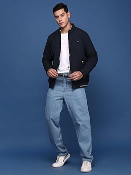 Buy SHOWOFFFF Men's Mock Collar Solid Navy Blue Bomber Jacket-PC