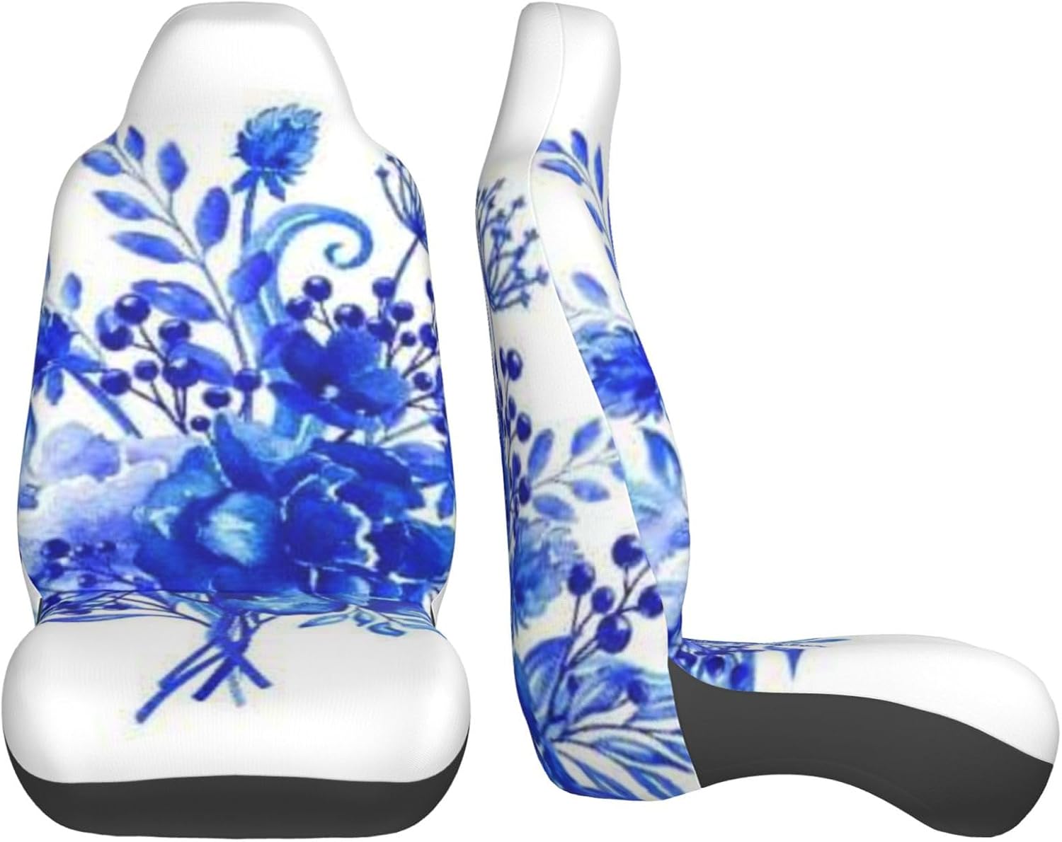 Porcelain Flowers Watercolor Bouquet Blue Floral Design White Gzhel Indigo Ash Car Seat Covers 2-Pack - Fit for Sedans, Trucks, Suvs, Automotive Seat Protectors with Reinforced Stitching