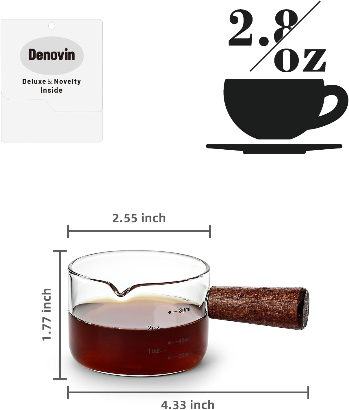 Espresso Shot Cups, 80ML Milk Frothing Pitcher Measuring Cups with V-Shaped Spout Wood Handle, Glass Creamer Pitcher Expresso Shots Cup with Scale (Transparent)