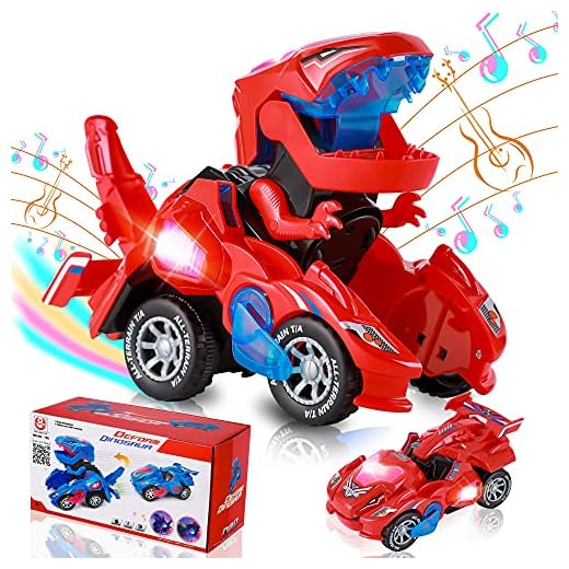 Hirger Transforming Dinosaur Car Toys, Transforming Dinosaur LED Car with Light and Music, 2 in 1 Automatic Dinosaur Transform Car Toy, Dinosaur Transformer Toy for Kids (Red)