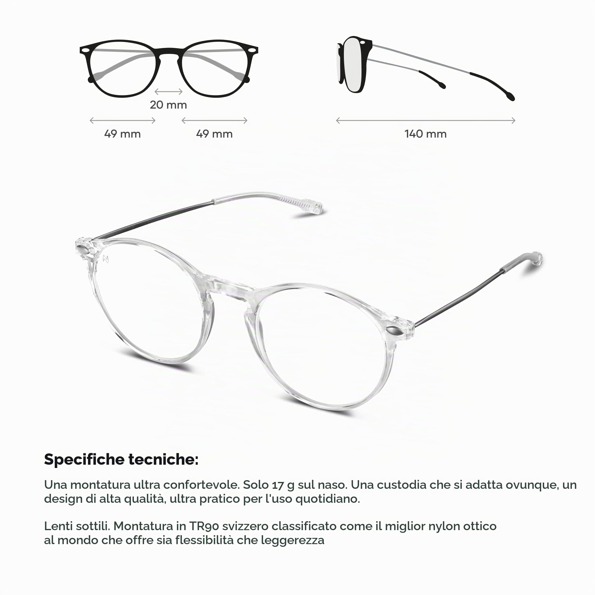 NOOZ Optics Occhiali con lenti di ingrandimento unisex - Occhiali da lettura ultraleggeri (17 g) per donne e uomini con custodia compatta - Presbiopia - CRUZ - Ovali - Cristallo - 1.5
