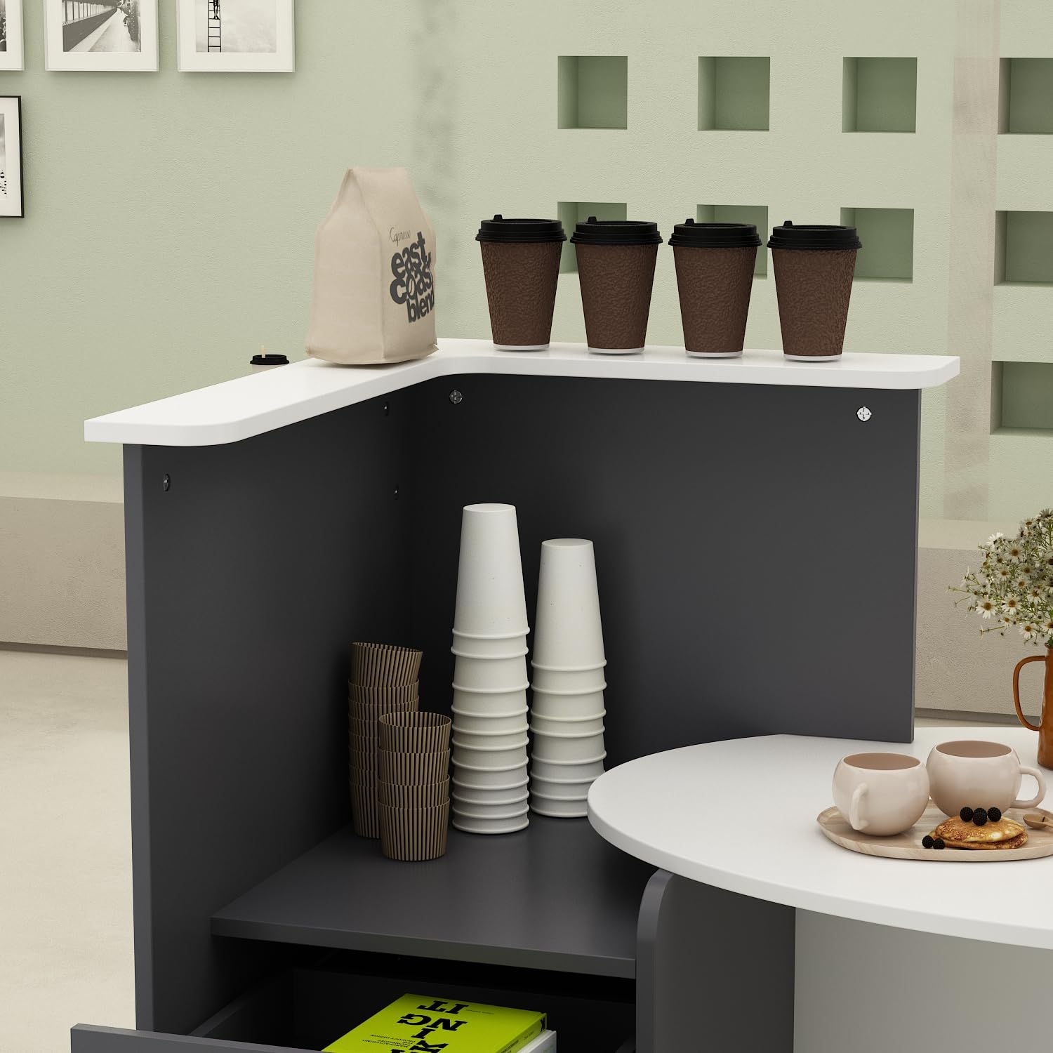 Caldion Banco di ricezione con spazio di archiviazione, tavolo da reception con cassetto e armadi chiudibili, banco di ricevimento, bancone per clinica, salone, hall, bianco e nero, 121 x 60 x 110 cm