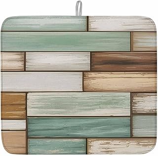 Vintage Wood Grain Dish Drying Mat for Kitchen Counter Green Brown Board Farmhouse Super Absorbent Microfiber Coffee Bar Mat Washable Dish Drainer Rack Mat, 1 Pack, 16" x 18"