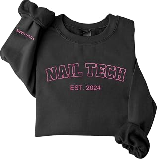 Personalized Embroidered Nail Tech Sweatshirt, Flower Nail Boss Technician Sweatshirt, Nail Stylist Nail Artist Gifts (Cotton, Nail 1)