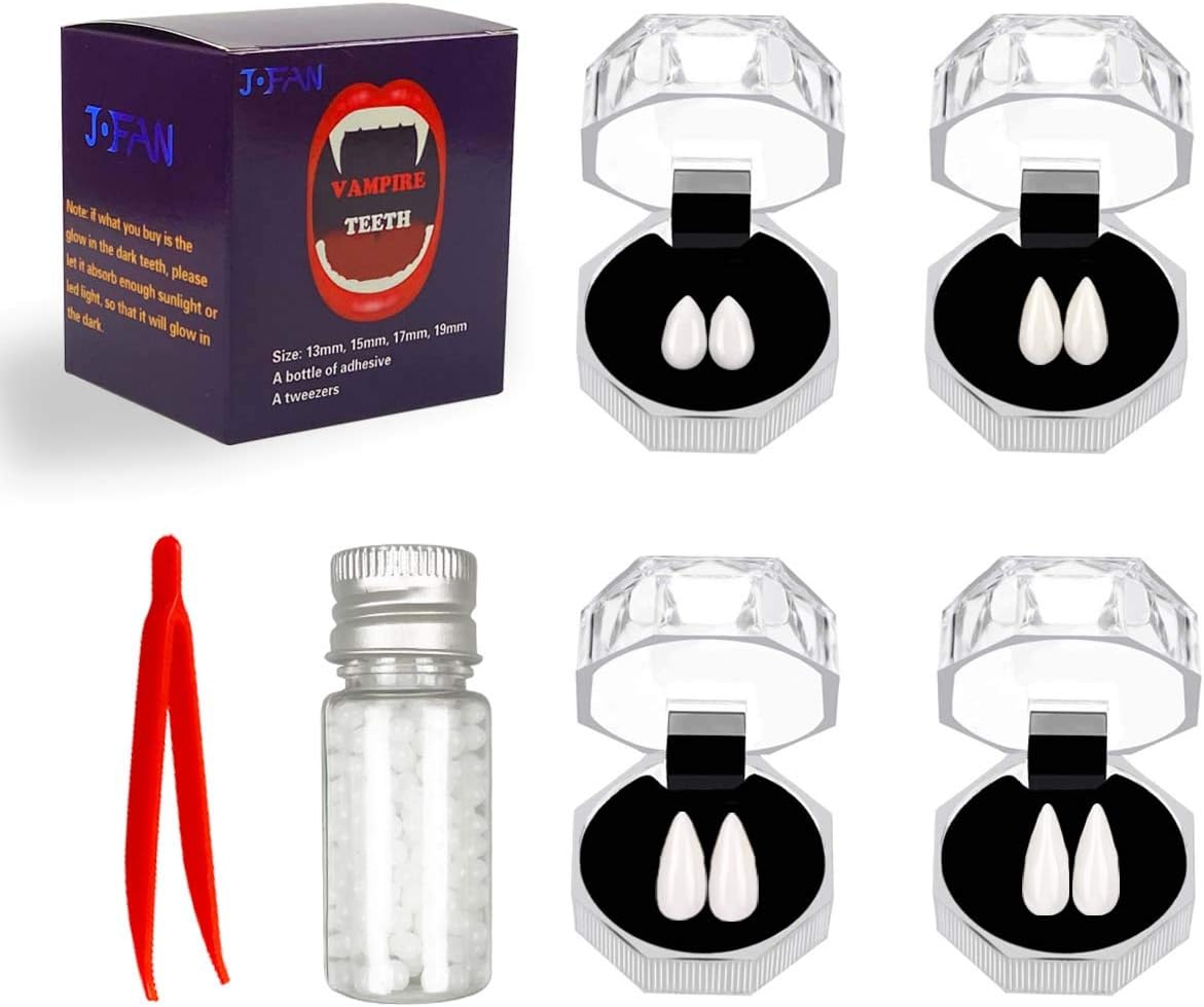 JoFAN 4 Sizes Vampire Fangs Wolf Teeth with Adhesive for Kids Halloween Party Decorations Cosplay Props Costume Accessories