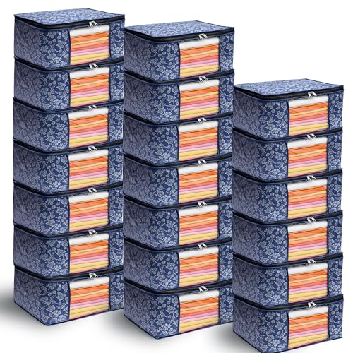 Image of Flower Printed Saree Covers for Cloth Storage & Wardrobe | Transparent Window, Zipper Closure | Blue | Pack of 20 | Dustproof, Breathable, Travel & Home Use