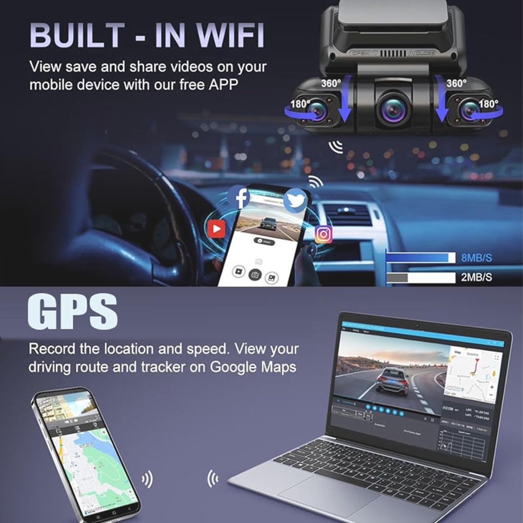 Dash Cam per auto con sensore G, 4 lenti, 2K1080P, con rilevamento