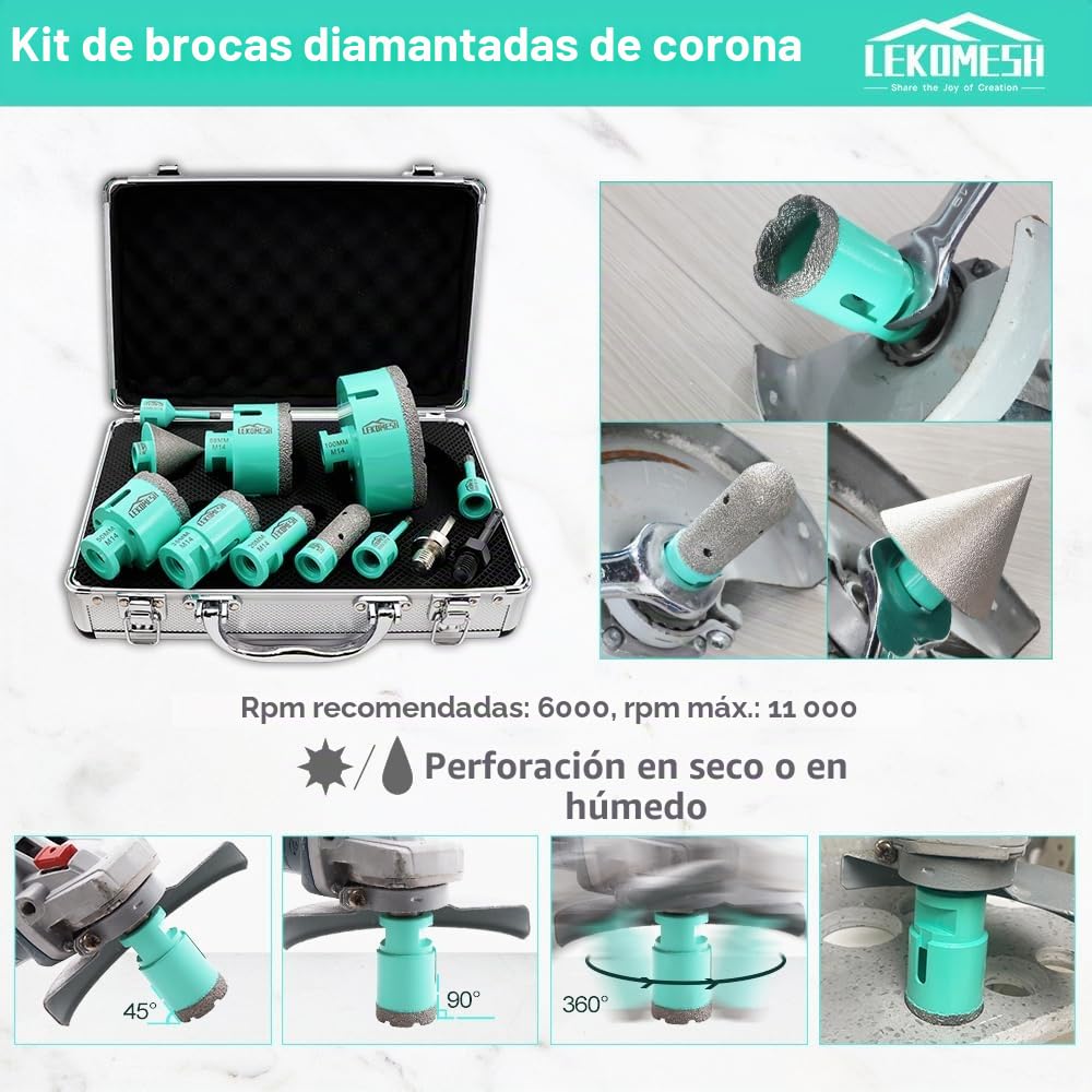 Brocas Coronas para Porcelanico - 12piezas (6/6/8/20/35/50/68/100mm+20mm Fresa Diamante+50mm Broca Fresado Chaflán+SDS/HEX Adaptador) Brocas Diamante para Porcelana Cerámica Mármol