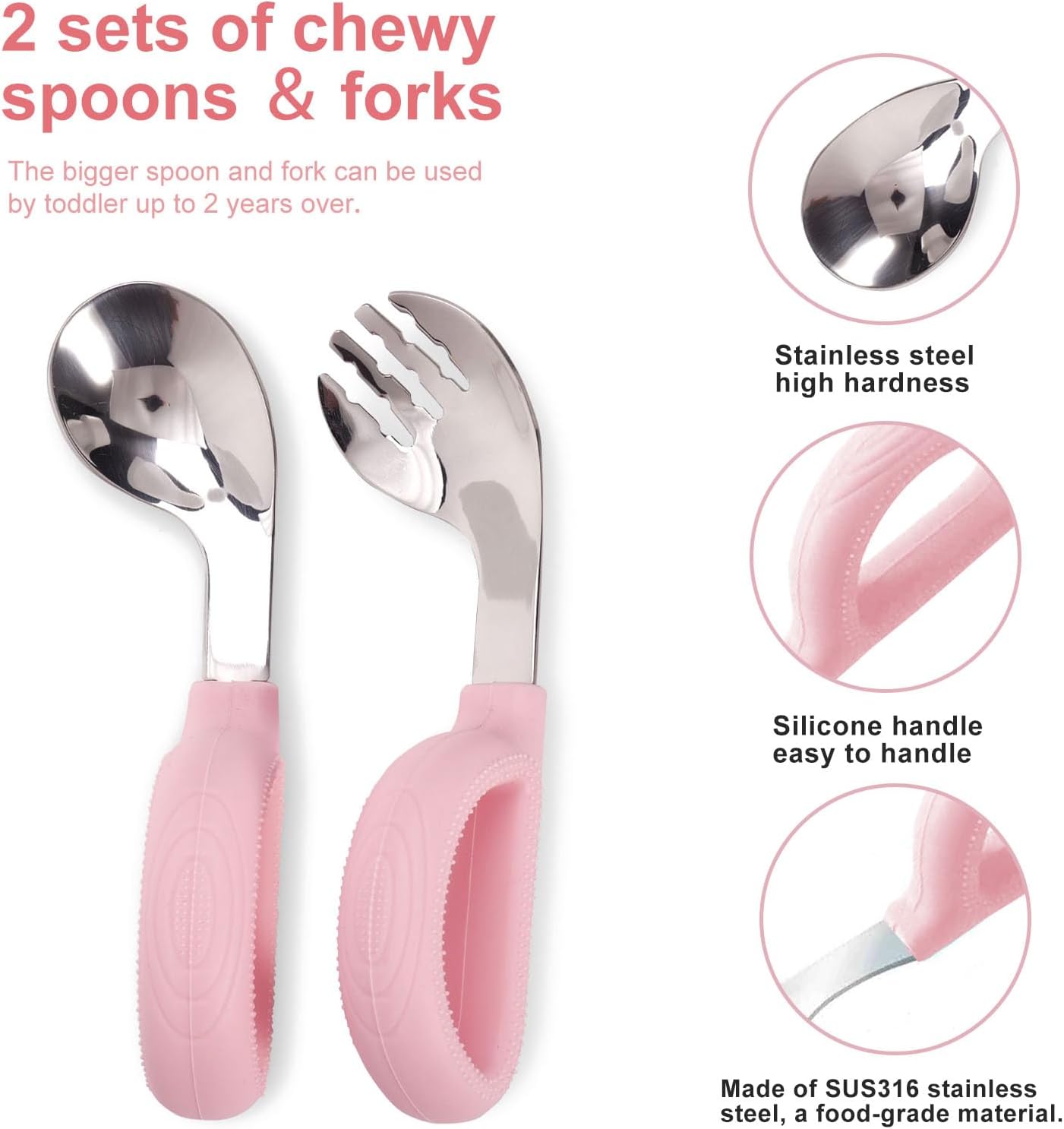 Toddler Training Utensils -Silicone Easy-Grip Handles Baby Forks and Spoons Pink Set-Kids Stainless Steel Silverware-Self Feeding&Children Safe-Dishwasher Safe