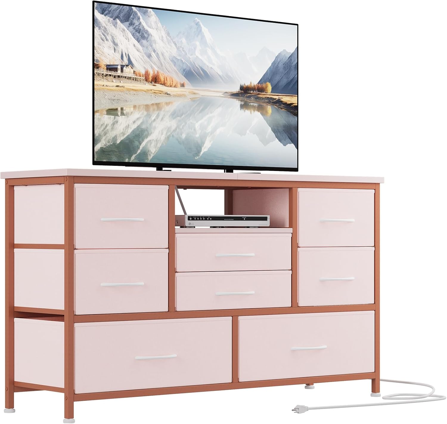 8 Drawer TV Cabinet with Socket, Dresser TV Stand for 50 Inch TV, TV Console Table with Storage, Adjustable Feet, for Living Room, Bedroom