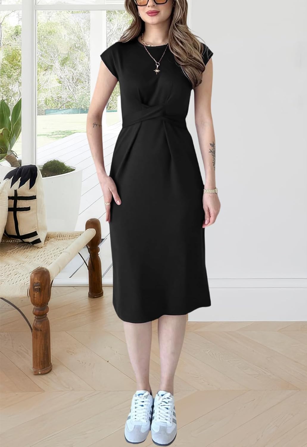 Women's Crewneck Casual Bodycon Dress Cap Sleeve Tie Waist Pencil Midi Dresses - Image 6